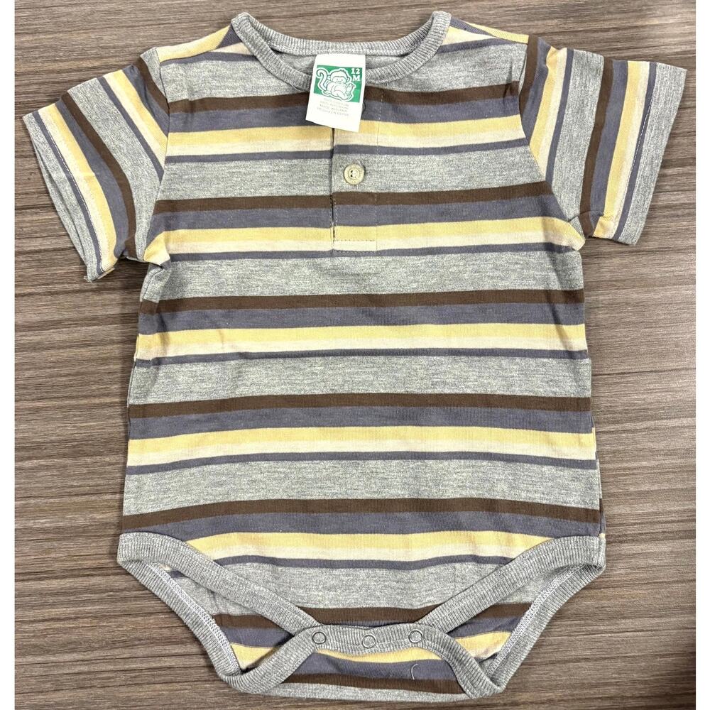 Vintage Garanimals Bodysuit Boys Size 12M Gray Blue Stripe 100% Cotton One-Piece